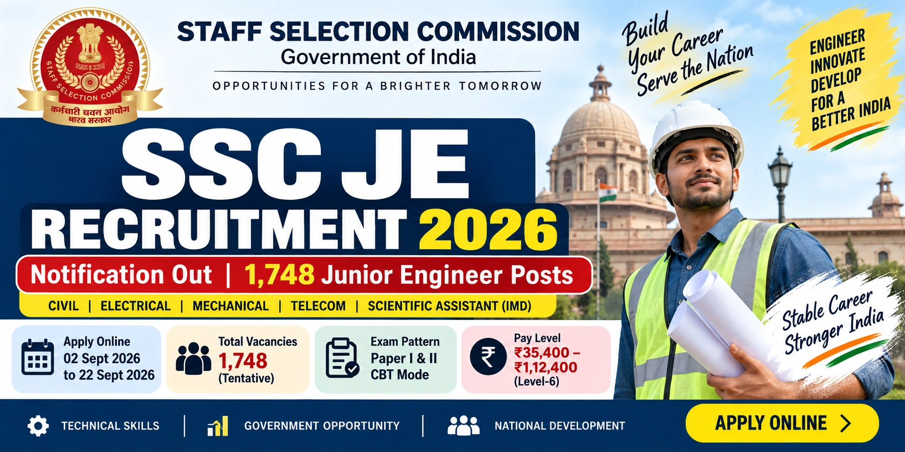 SSC JE Recruitment 2026: 1,748 Posts, Eligibility, Salary, Exam Pattern और Apply Online